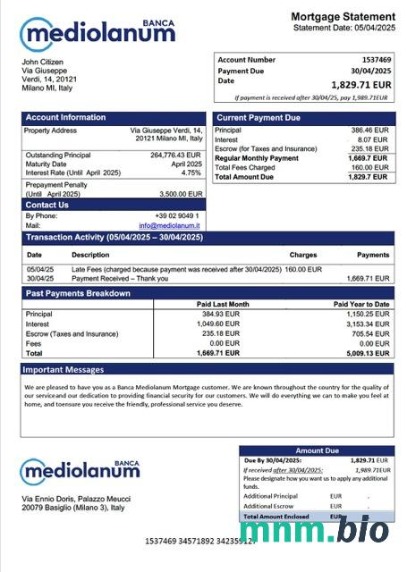 Włochy Banca Mediolanum wyciąg z kredytu hipotecznego szablon Word i PDF